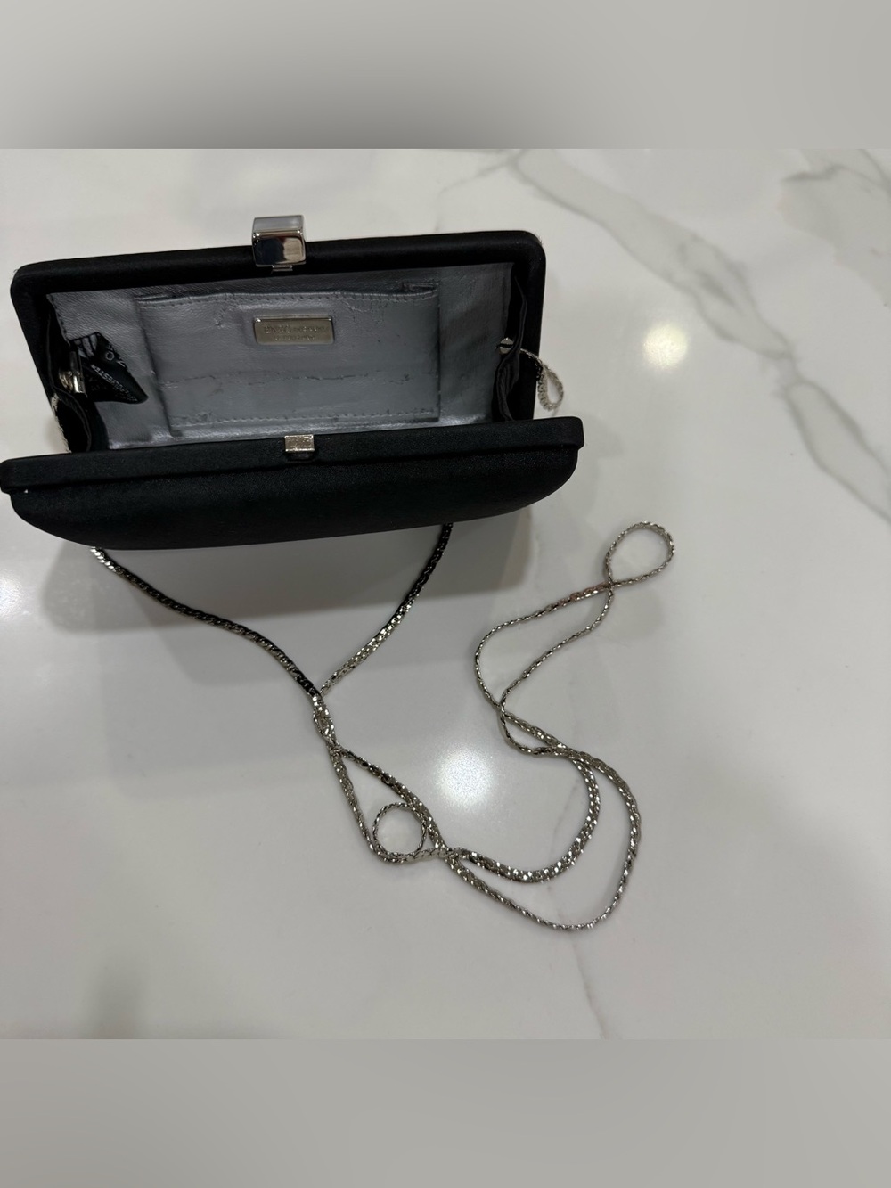 VTG Enzo Angiolini Black Satin Clutch with Silver Chain Strap